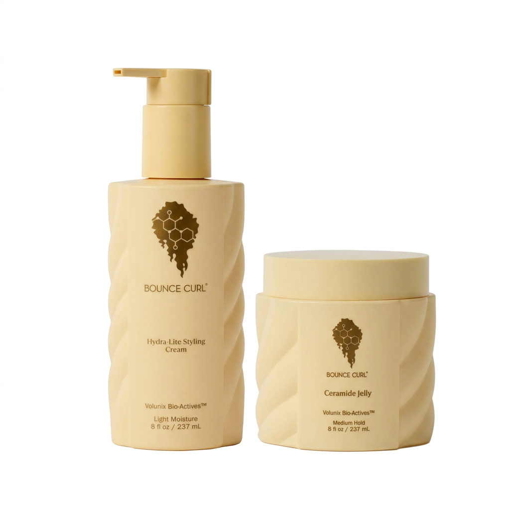 Bounce Curl Hydra-lite styling cream and Ceramide Jelly on a white background