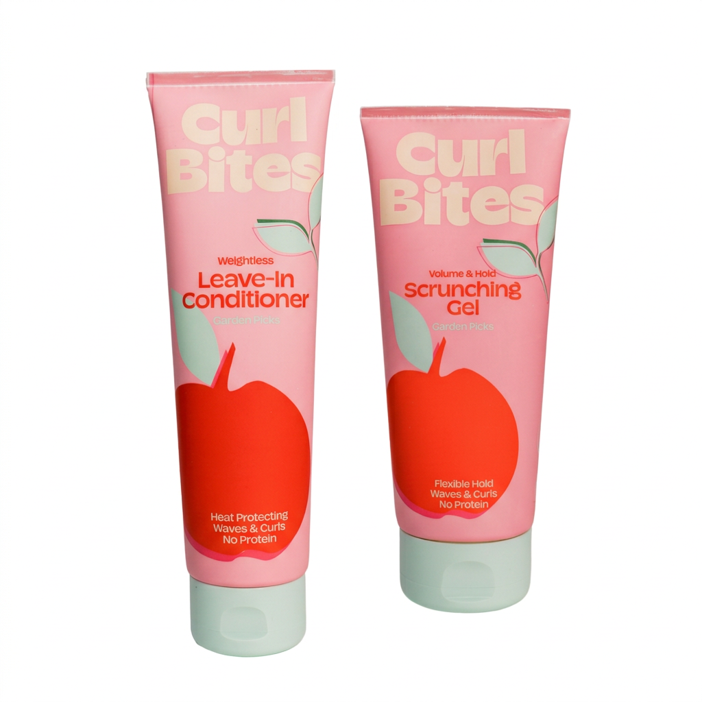 Curl Bites leave-in conditioner and Volume & Hold gel on a white background