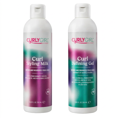 Curly Girl Movement styling milk and gel on a white background
